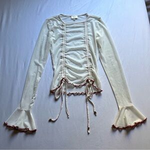 ZYA cream ivory mesh knit ruched tie detail bell long sleeve top